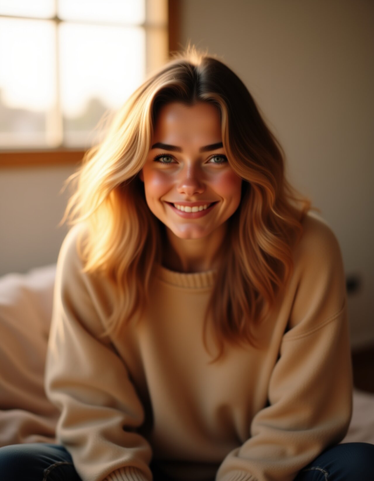 Daisy, smiling warmly in golden light